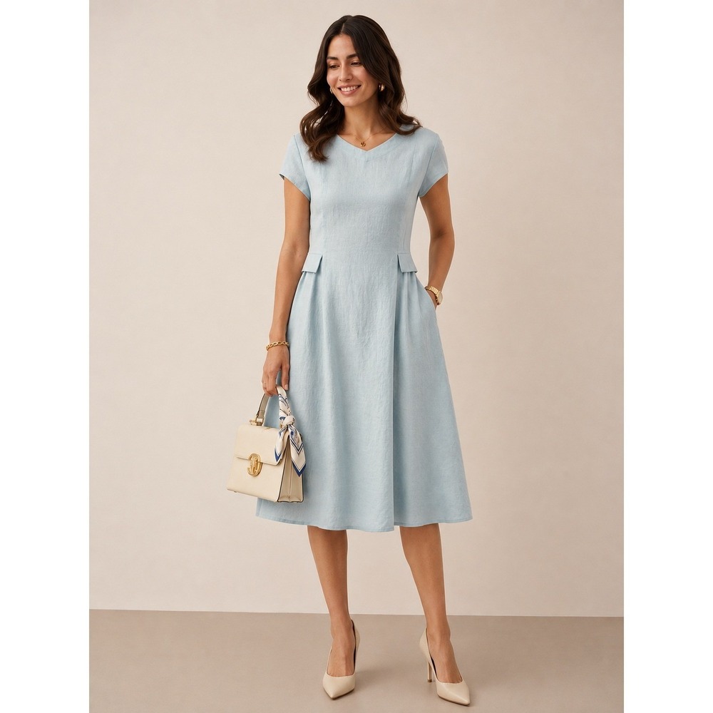 LINTICO Alexa 100% Linen V-Neck Midi Dress Aqua Blue Women's Size XXL NWT